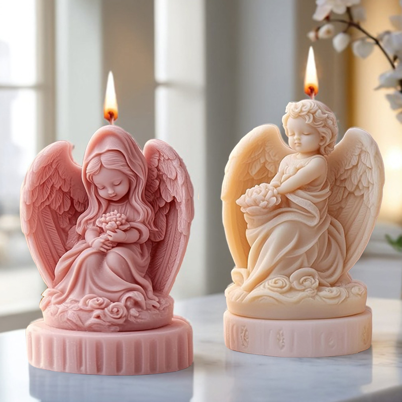 Candle Making Thermometer - 3Dキュートなカップルエンジェルキャンドル型、繊細な質感で手作り、高温耐性があり再利用可能なシリコン型、使用方法
